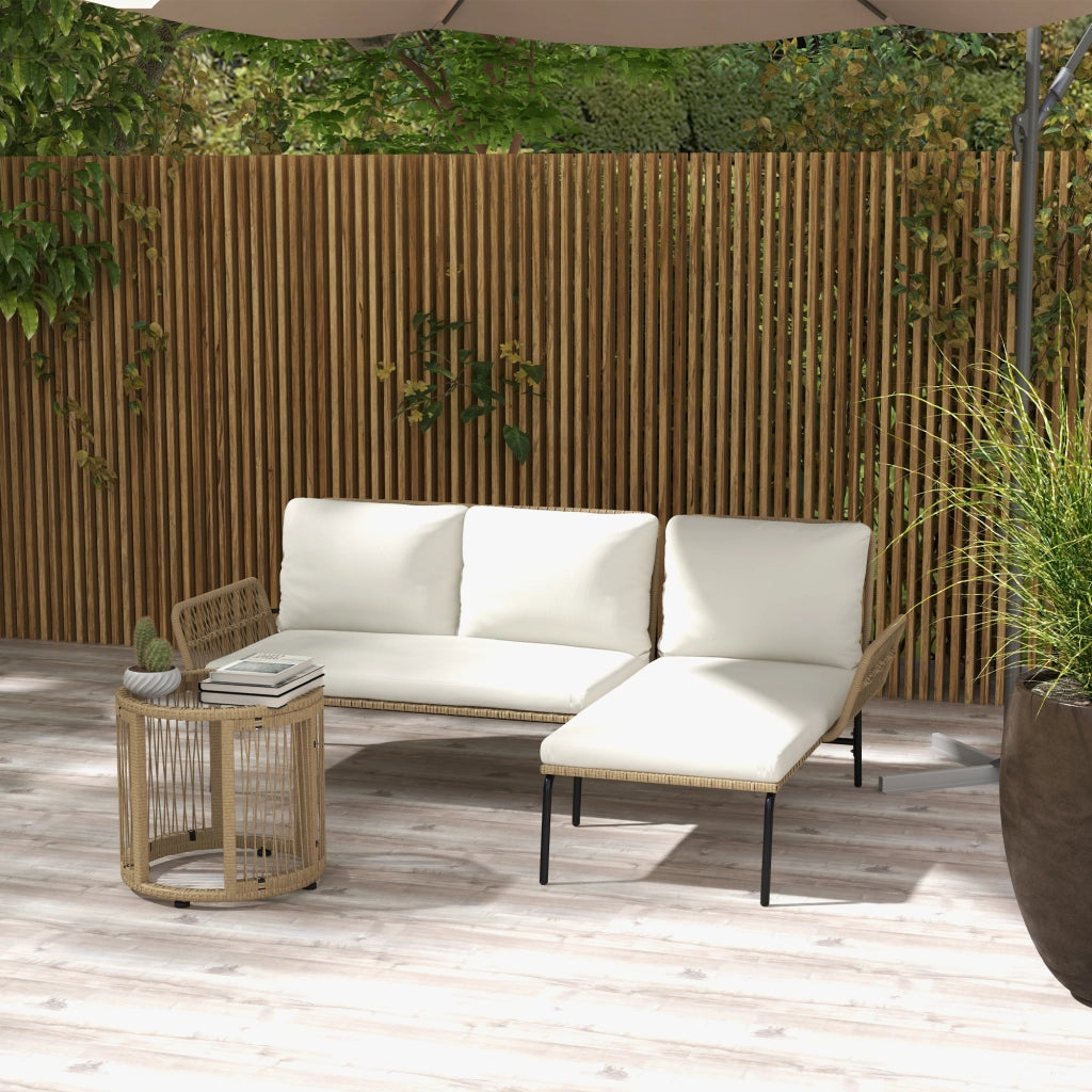 OKWISHDivano da Esterno Set da Giardino 3 Pezzi in Rattan con Lettino Prendisole Tavolino Cuscini Poliestere Bianco Crema