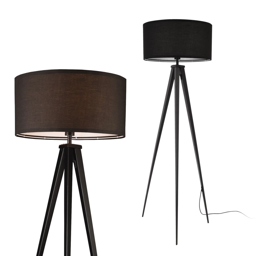 Lampada da Terra in Stile Treppiedi con Base in Metallo e Paralume Cilindrico in Tessuto E27 60W Piantana Tripode - Nero - lux.pro