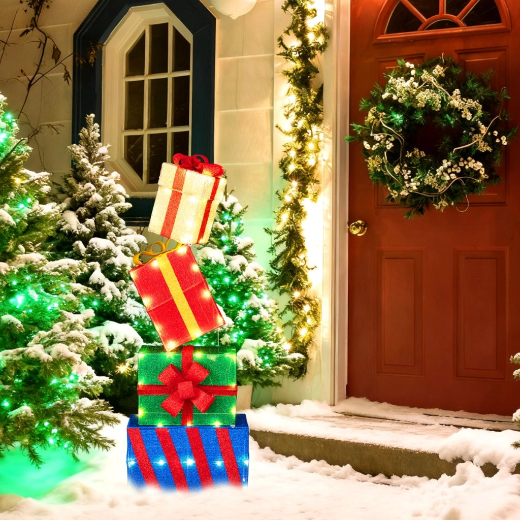 Pacchi regalo decorativi con 51 luci LED caldi fiocchi e combinazione flessibile, Set di 4 scatole regalo a LED di natale