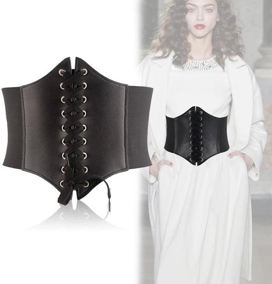 Corsetto in pelle nera - Stile retrò - Corsetto con cinturino - Cinturino elastico - Chiusura a nodo - Materiale di alta qualità - Corsetto