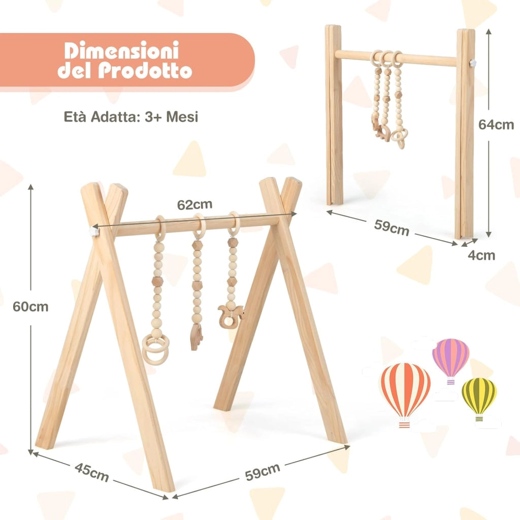 Palestrina per Bambini, Palestrina con Giocattoli per Dentizione Sviluppo Cerebrale Stimolazione Sensoriale, Pieghevole, in Legno, per Bambini 3+ Mesi (Naturale(1))