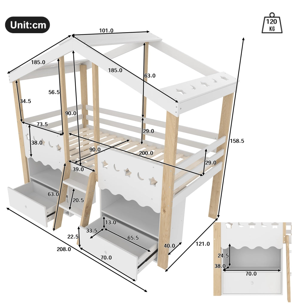 OKWISH Letto a Soppalco 90×200 cm, Letto Singolo con 2 Cassetti, LED Regolabile e Mensole, senza Materasso, in Pino, Bianco e Naturale