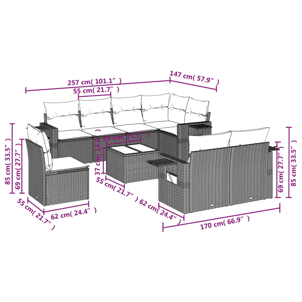 Set Divano da Giardino 9 pz con Cuscini Grigio in Polyrattan 3220449