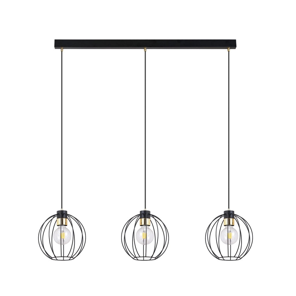 Sospensione Industrial 3 Luci Tiwaz Acciaio Nero A Paralumi Gabbia Con Oro