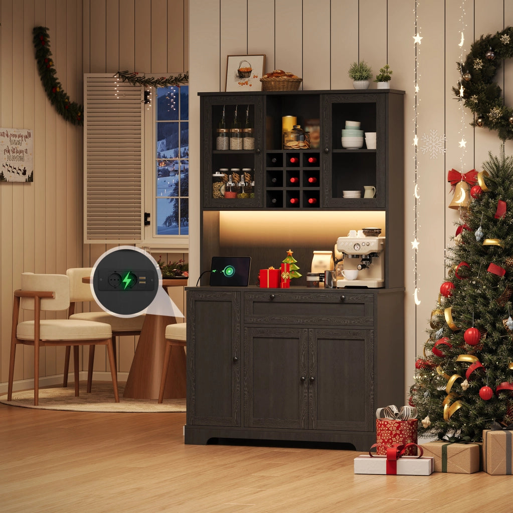 Mobile buffet nero con LED multicolore, presa integrata e ripiani regolabili