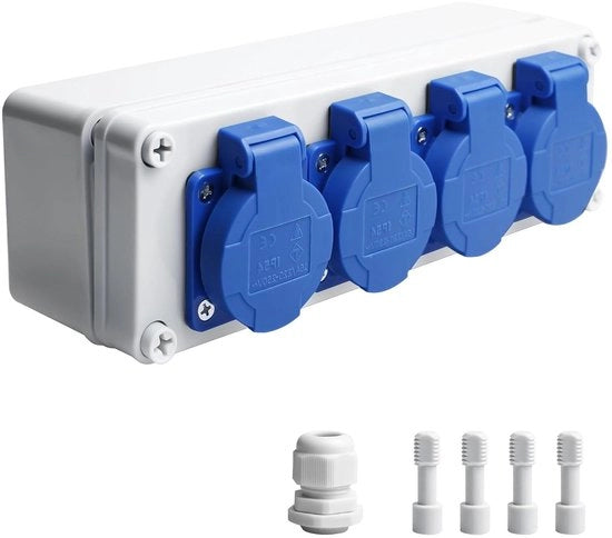 Distributore di corrente a parete 4 Schuko 230 V IP44 per uso interno ed esterno, 16 A, costruzione da montaggio