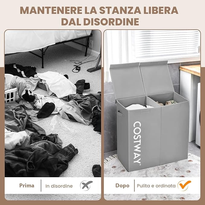 115 L Cesto Portabiancheria con Coperchio, Portabiancheria Sporca con 2 Scomparti e Maniglie, in Tessuto Non Tessuto, Ideale per Bagno Lavanderia, 62 x 31 x 60 cm (Grigio)