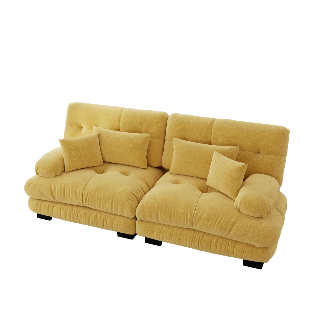 Divano modulare giallo in chenille con cuscini lombari e decorativi