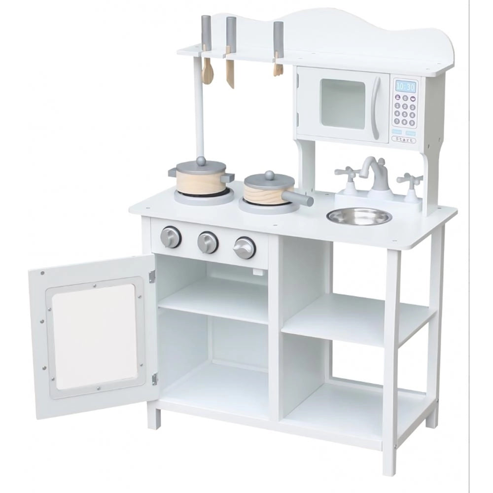 Cucina in legno Giocattolo Bambini con Pentole e Accessori Gioco Bianco 60x30x85