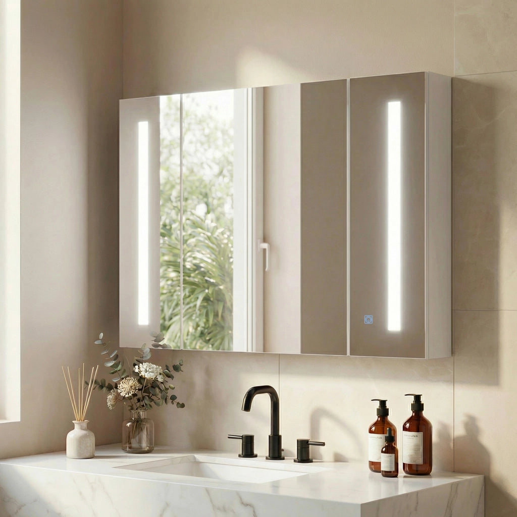 Armadietto Specchiera da Bagno con 3 Armadietti, 3 Ripiani e Luce LED, 90x15x65 cm, Bianco