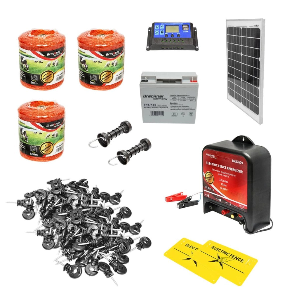 kit completo recinzione elettrica 12V 3.5 Joule 40 km, lunghezza del filo 1500m, pannello solare 20W, batteria 12V/17Ah, 200 isolatori e maniglia porta Breckner Germany.