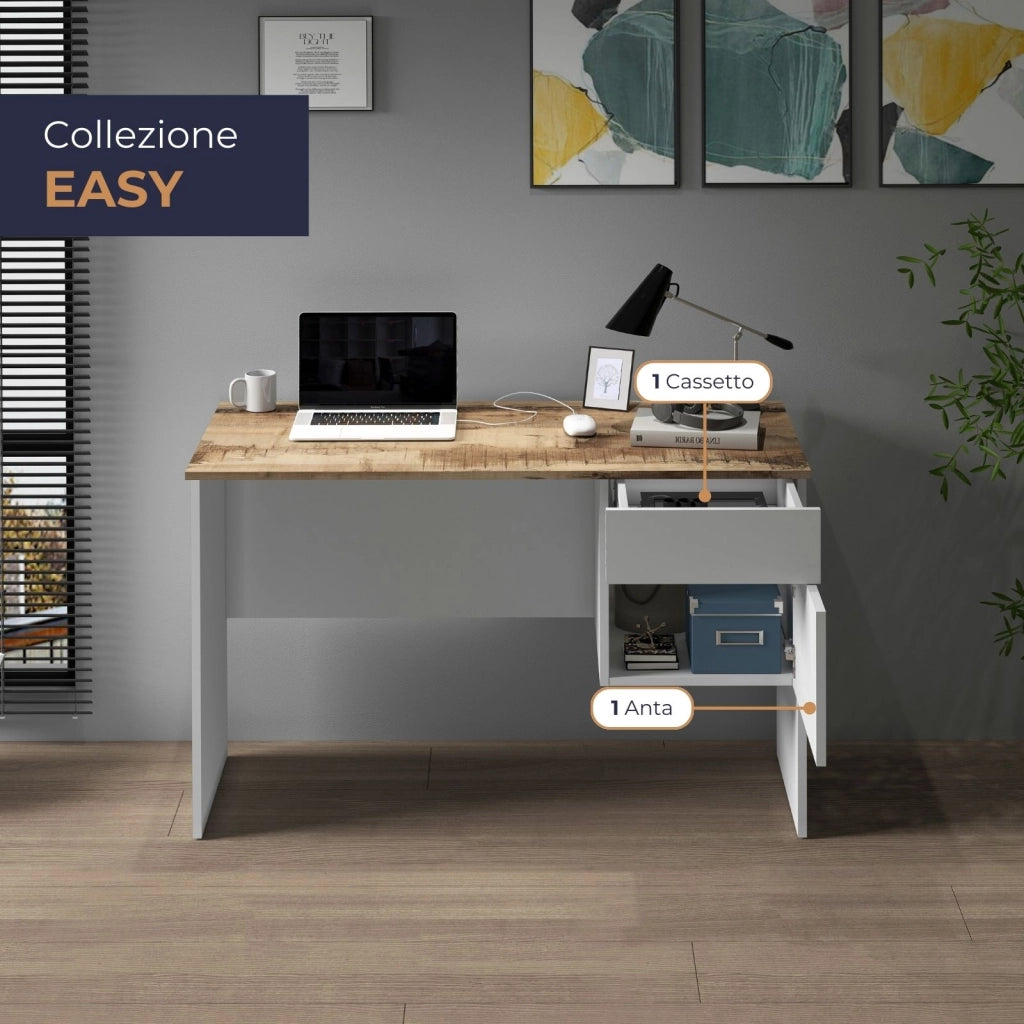 WHOUS Scrivania Easy 1 anta e 1 cassetto acero e bianco opaco 110x50x75 cm