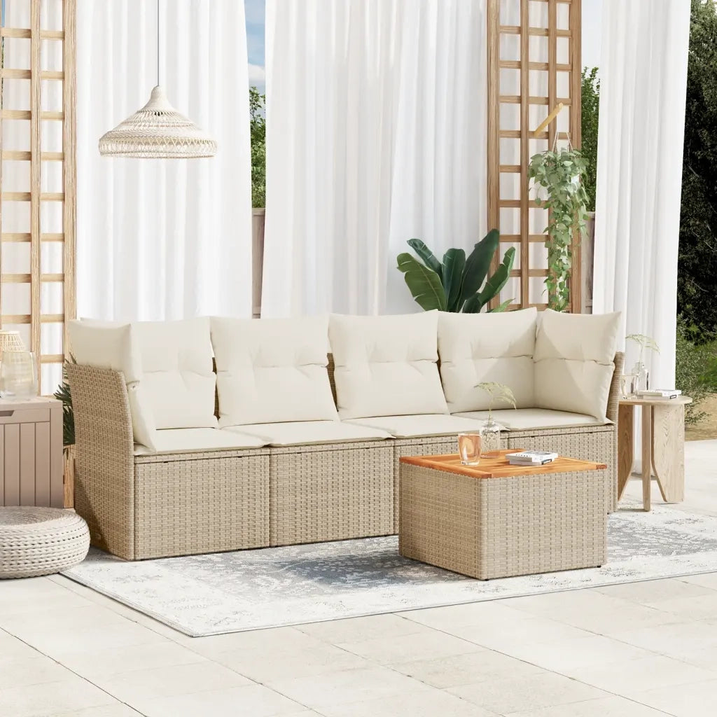 Set Divano da Giardino 5 pz con Cuscini Beige in Polyrattan