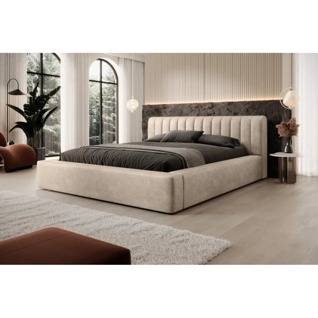 Letto contenitore CERVIN – Velluto morbido Nude Sablé – 140x200 cm – Rete sollevabile – Design elegante