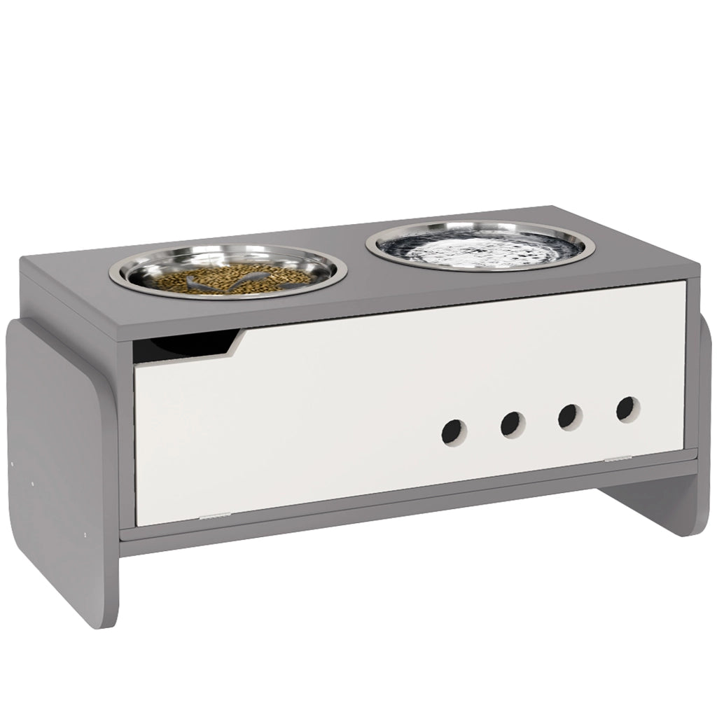 Stazione di alimentazione rialzata per cani con contenitore e ciotole in acciaio inossidabile ¨C Minimal ¨C Grigio 60x50x30