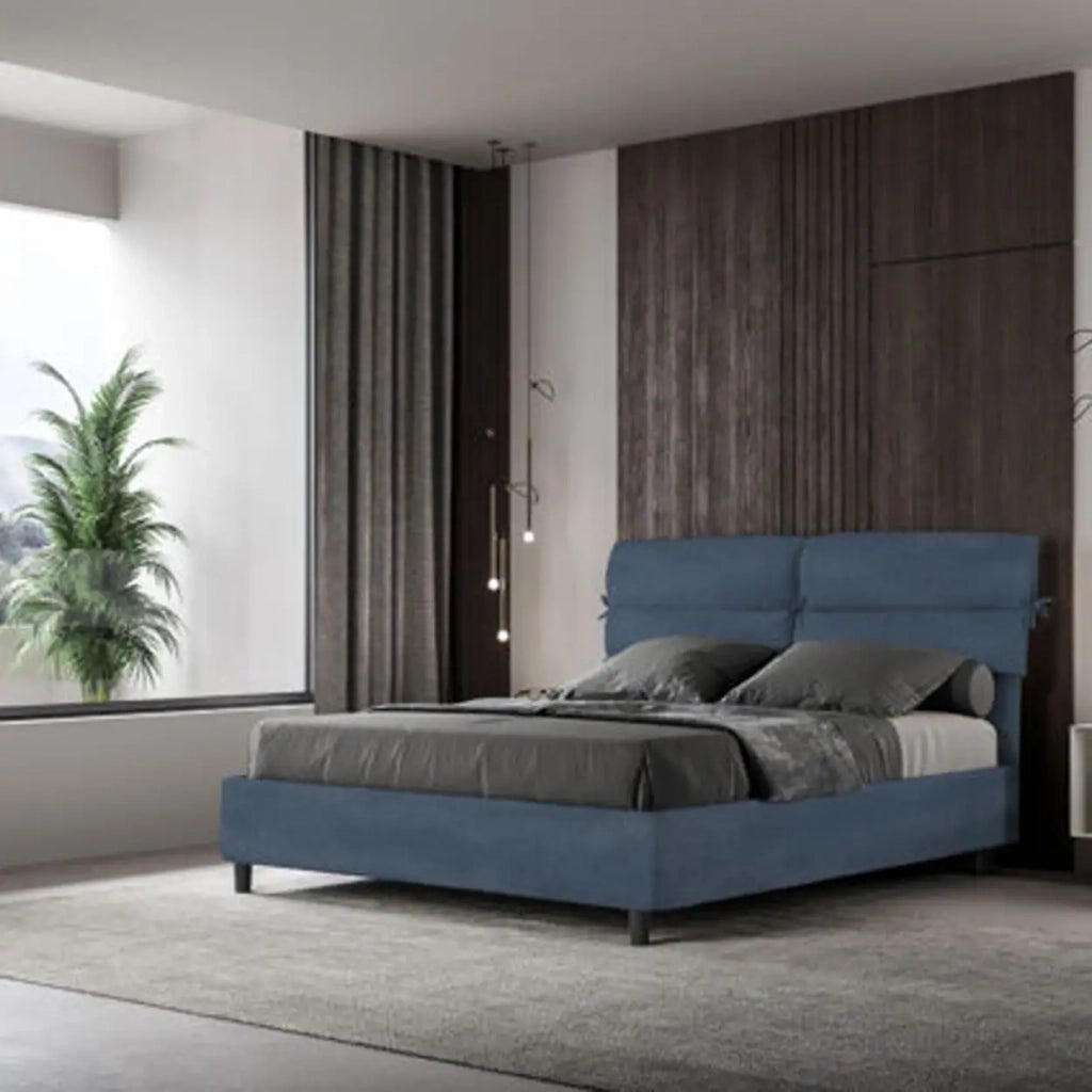 Letto matrimoniale con rete imbottito 160x190 microfibra blu Nandy