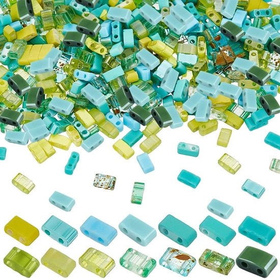 Tila-kralen 420 pezzi - 14 Colori Verde - Rocailles a 2 gambe - Glazen Afstandskralen - Platte Rechthoekige Kralen - Ideali per la Creazione di Gioielli - Glaskralen
