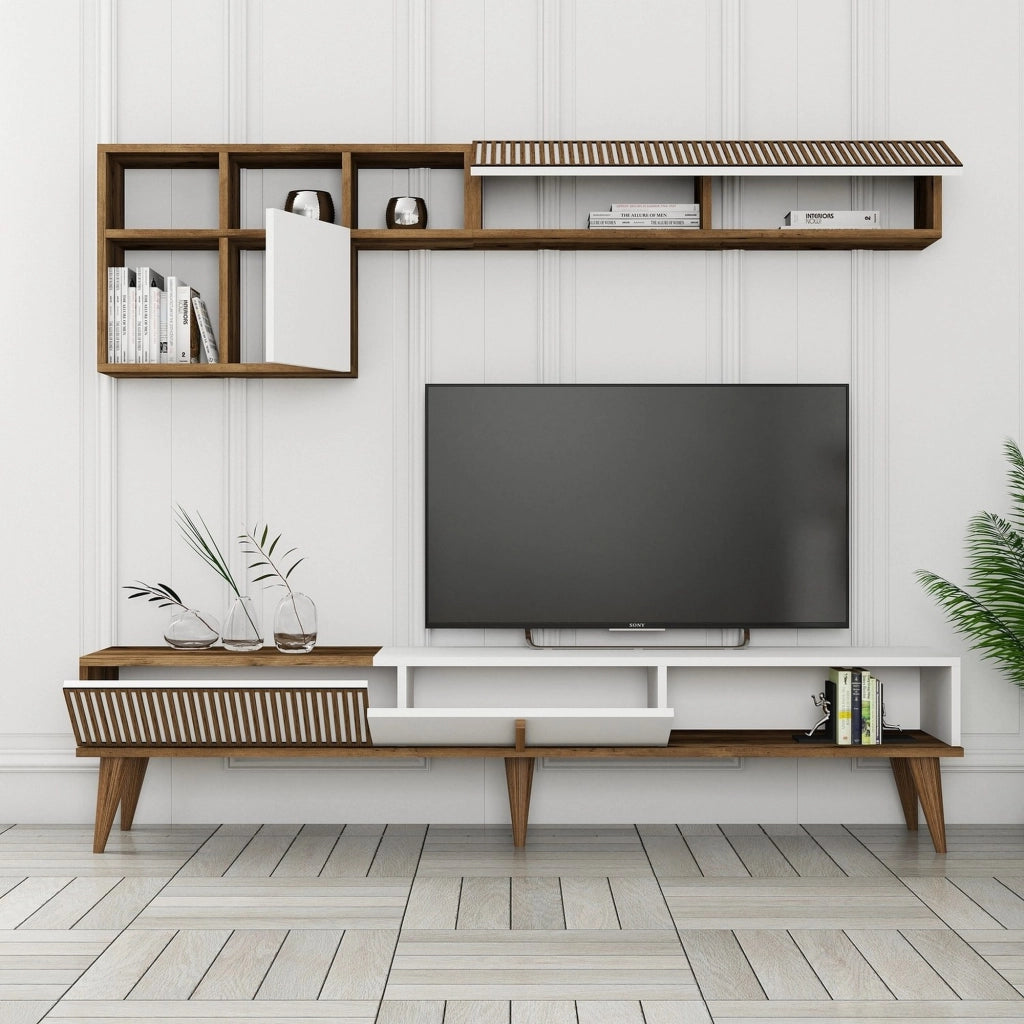Cassacco, set Mobili da Soggiorno Modulabile, Marrone Noce