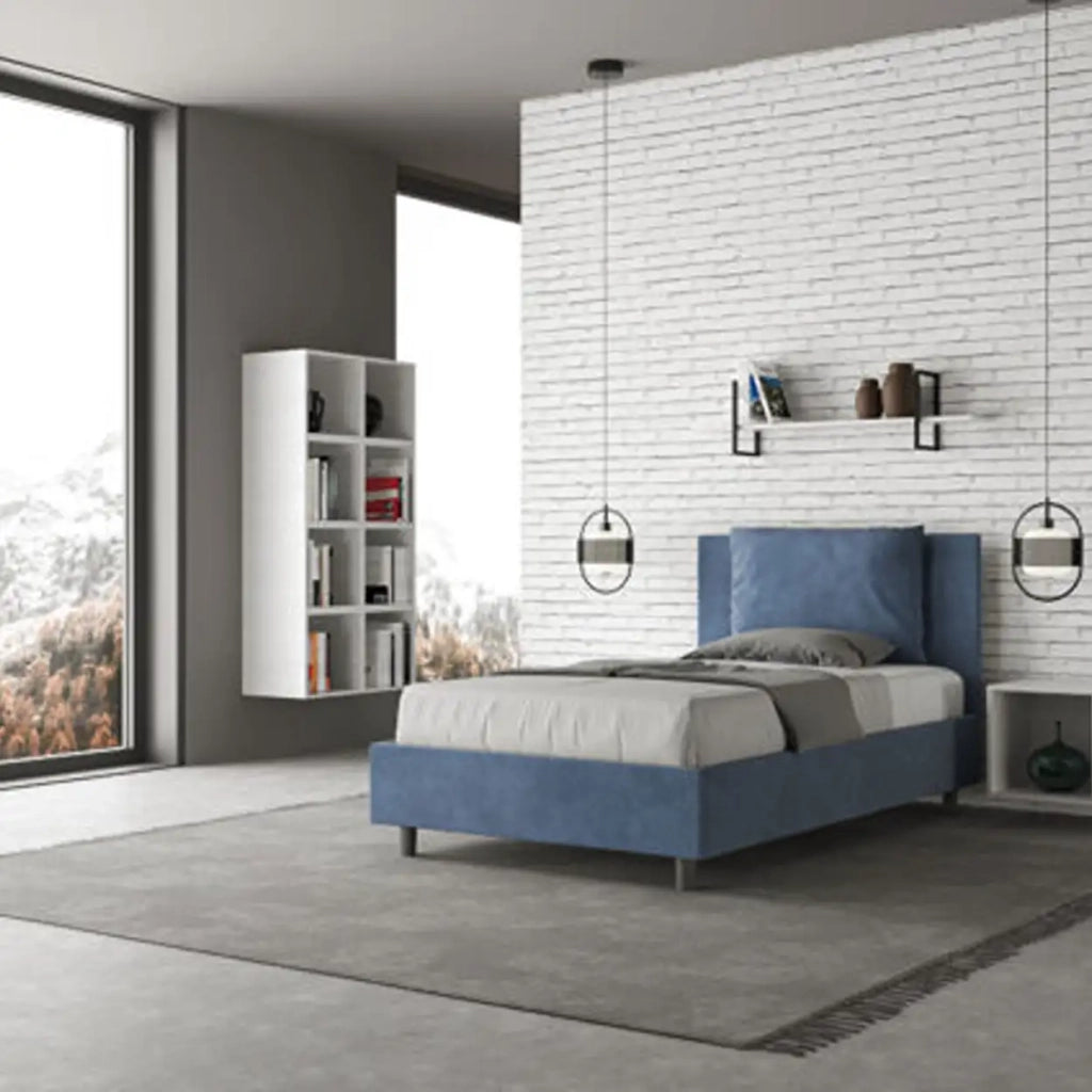 Letto una piazza e mezza con rete imbottito 120x210 microfibra blu Antea