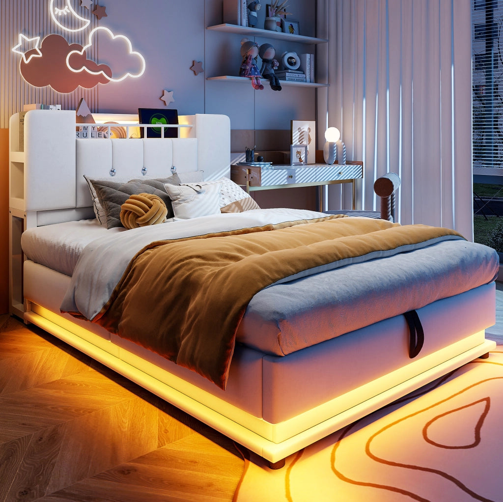 Letto imbottito per bambini 90 x 200 cm beige con LED, USB e contenitore