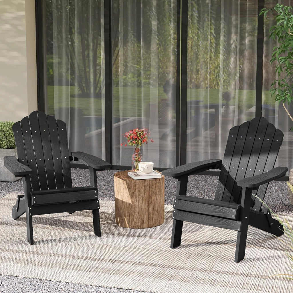 Sedia Adirondack Pieghevole da Giardino, Sedia da Patio in HIPS con Braccioli Larghi e Schienale Inclinato, Poltrona da Giardino in Legno, per Giardino Cortile, Portata 180 kg (Nero)