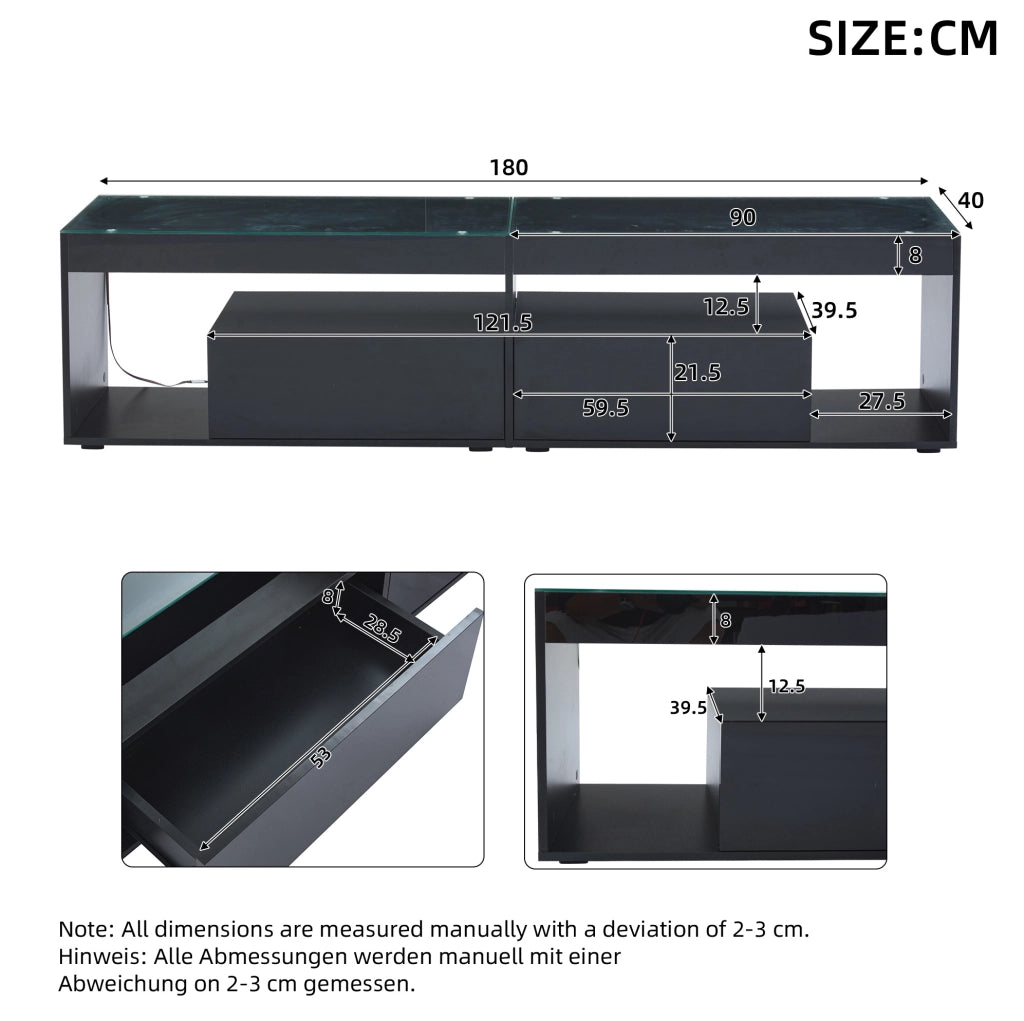 Mobile TV LED nero lucido 180 cm con 2 cassetti