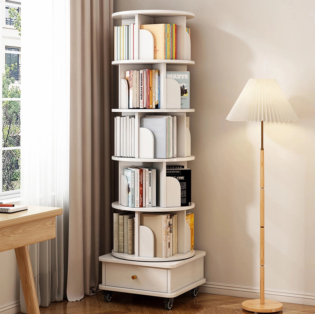 Libreria girevole 360° con cassetto e ruote, bianca