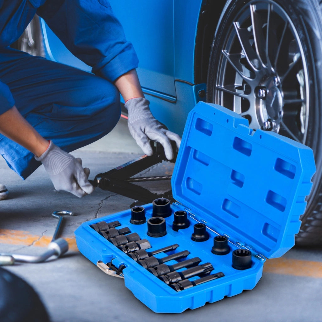 Set di bussole per pinze freno da 16 pezzi, Kit di attrezzi per la regolazione dei freni con chiave di trasmissione Blu-Accessori per veicoli
