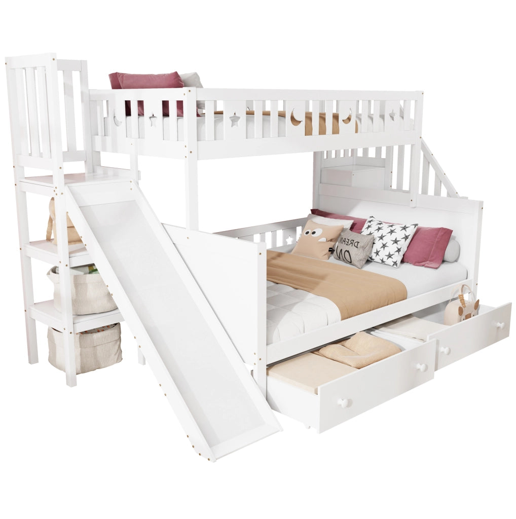 Letto a castello per bambini bianco con scivolo, scala e cassetti