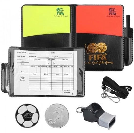 Set di arbitro per partite di calcio con fischietto - Carte arancioni/rosse - Supporto per carte - Fogli di punteggio - Strumento per raccogliere monetine - Idoneo per partite di calcio - Attrezzatura di arbitro