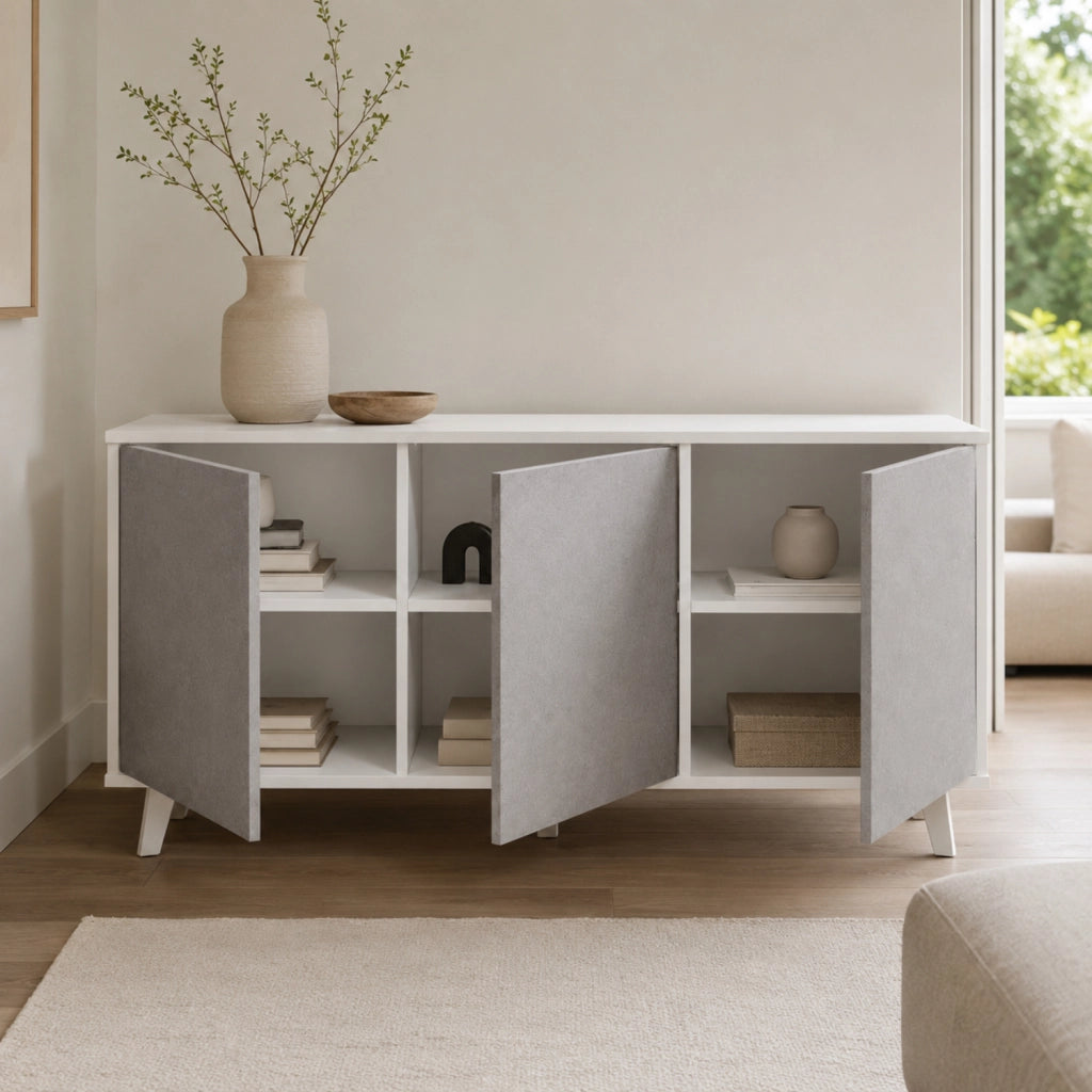 Credenza Moderna Con 3 Ante Battenti Senza Maniglie Mobile Contenitore In Melaminico Per Ingresso Soggiorno E Salotto 154 X 41 X 75 Cm Bianco E Grigio Cemento