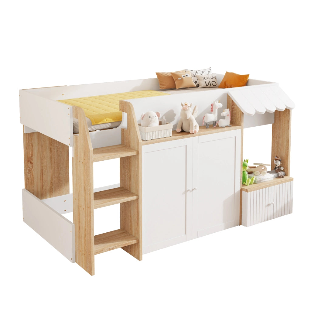 OKWISH Letto a soppalco 90×200 cm, Letto Singolo con Scala Ampia, Contenitore e Vani, senza Materasso, in Legno, Bianco Naturale