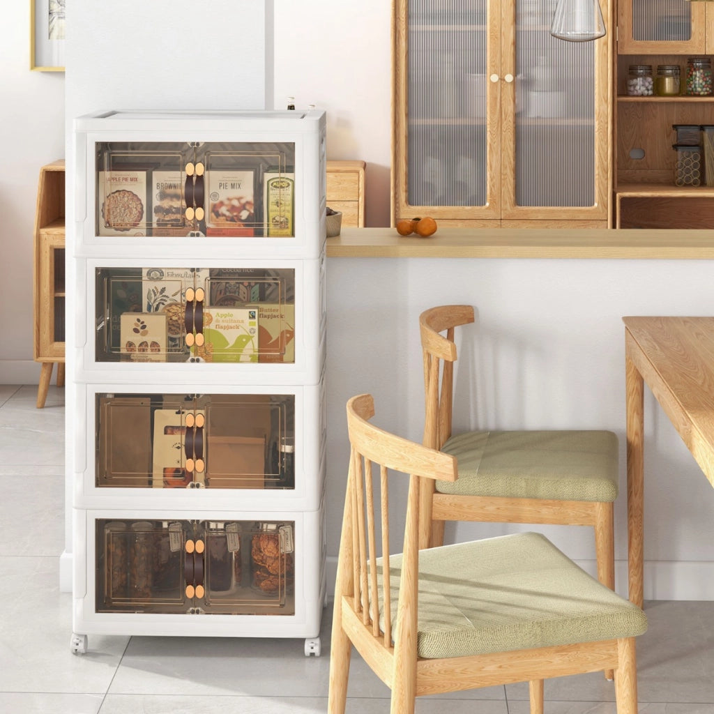 Set di contenitori impilabili con ruote bloccabili, Mobile in PP pieghevole con coperchi Bianco 49,5x31,5x112,5cm