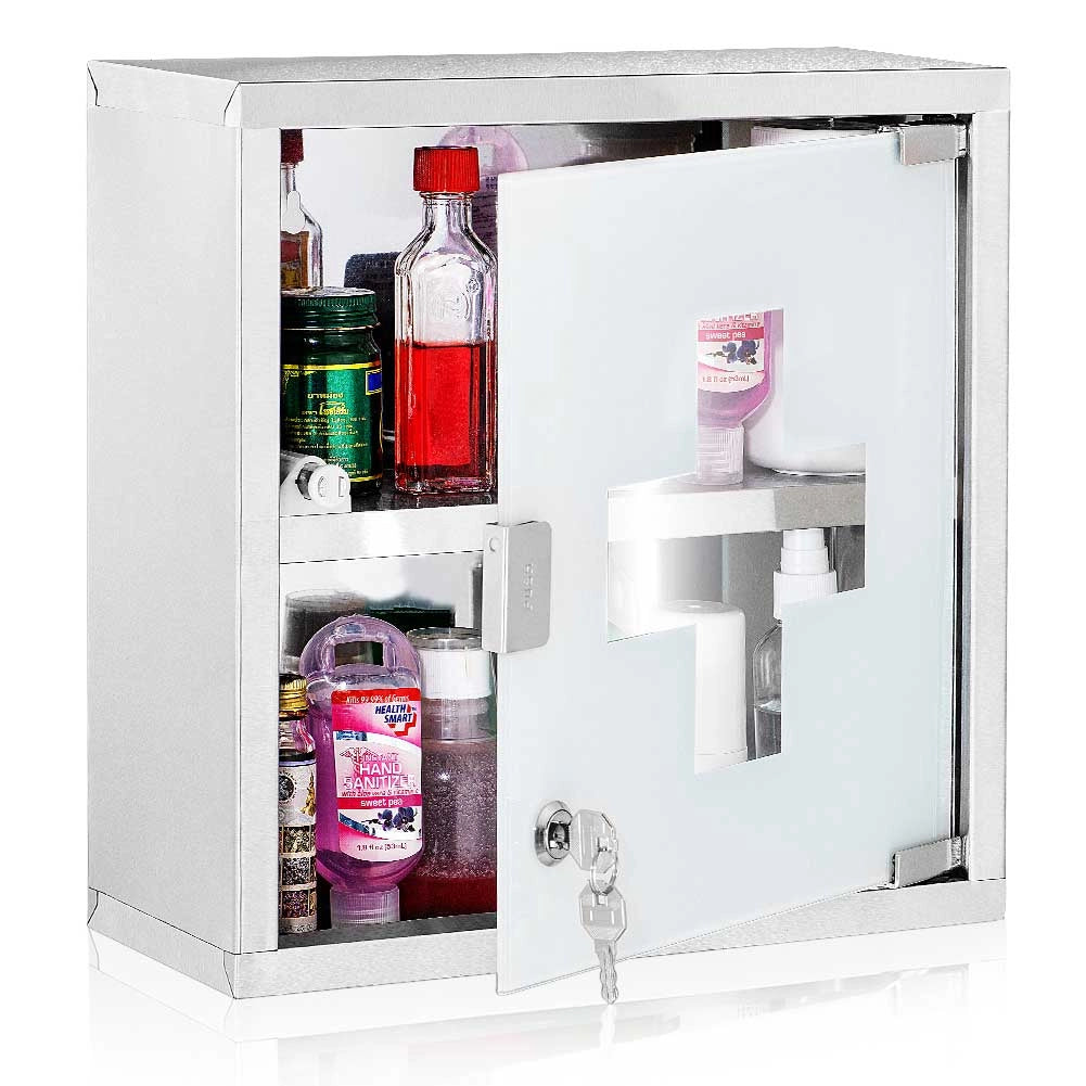 Armadietto Porta Medicinali Acciaio Inox e Vetro Satinato 30x30x12 cm con Chiave