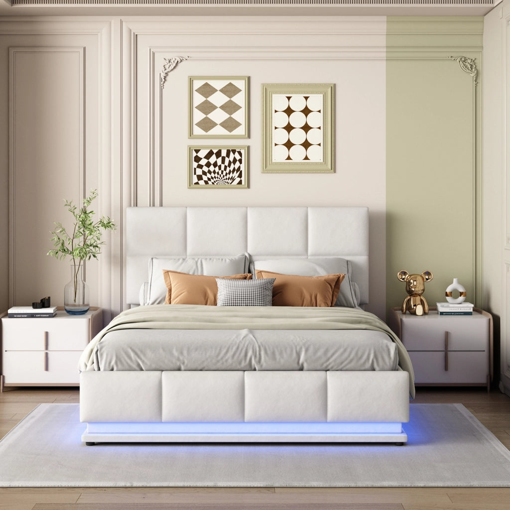 Letto doppio imbottito 140x200cm con luce LED e riporto sotto il letto bianco