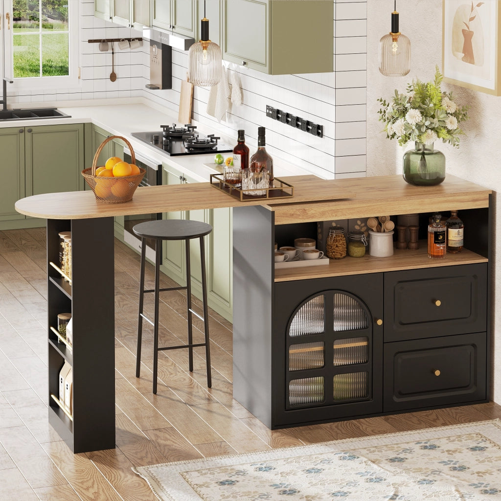 Isola cucina girevole a 360掳 allungabile 138-204 cm con 2 cassetti e anta in vetro; MDF; nero