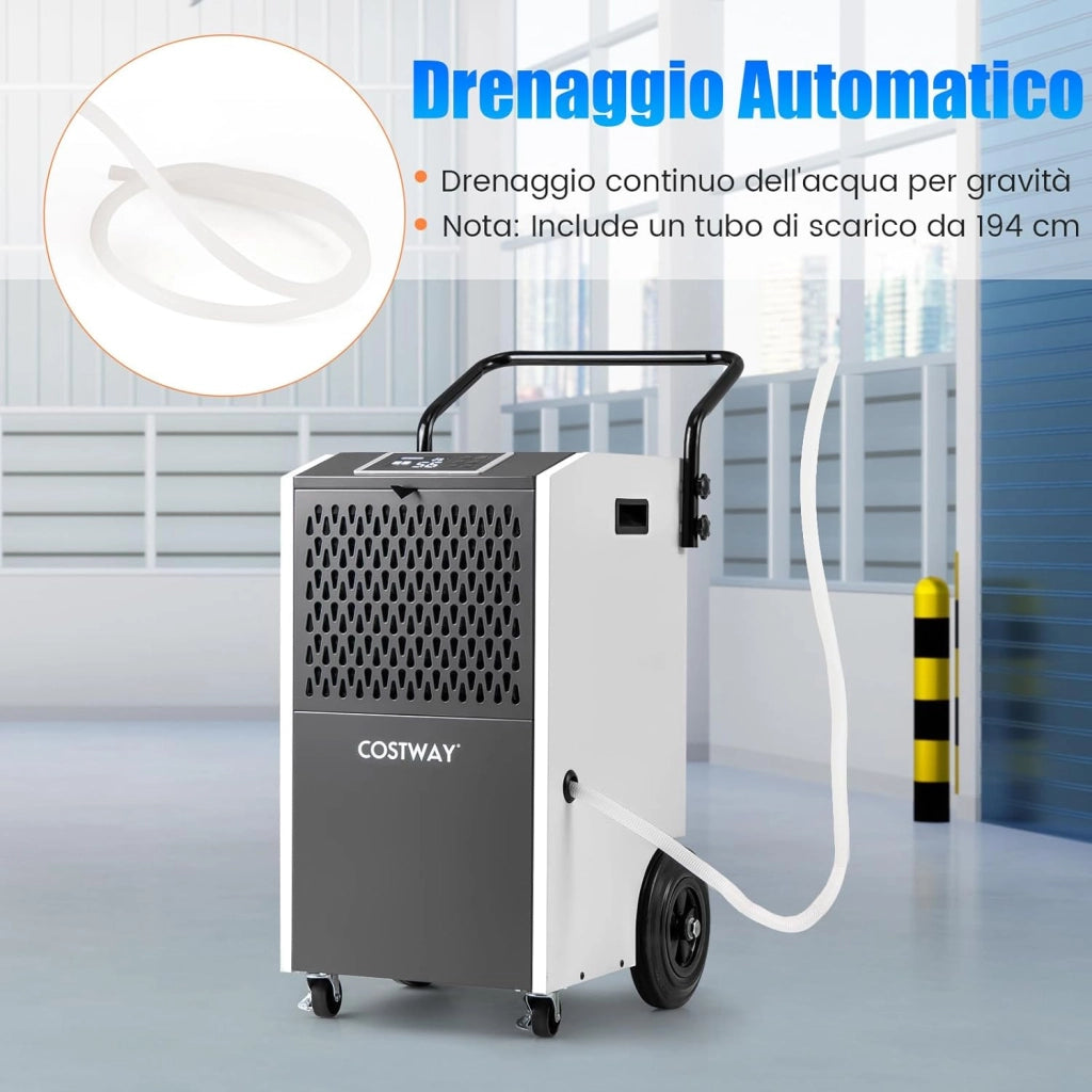 Deumidificatore Casa, Deumidificatore Elettrico con Tubo di Scarico e Timer, Deumidificatore Portatile con Ruote per Cantina, Magazzino, Fabbrica e Grandi Spazi fino a 695 m³ (Bianco)