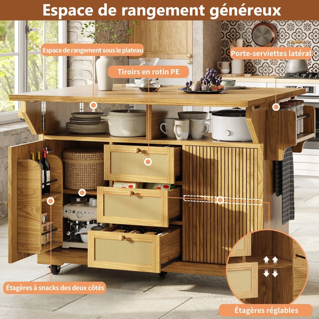 Carrello da cucina estensibile con spazio nascosto; cestini laterali e cassetti in rattan PE per cucina e balcone