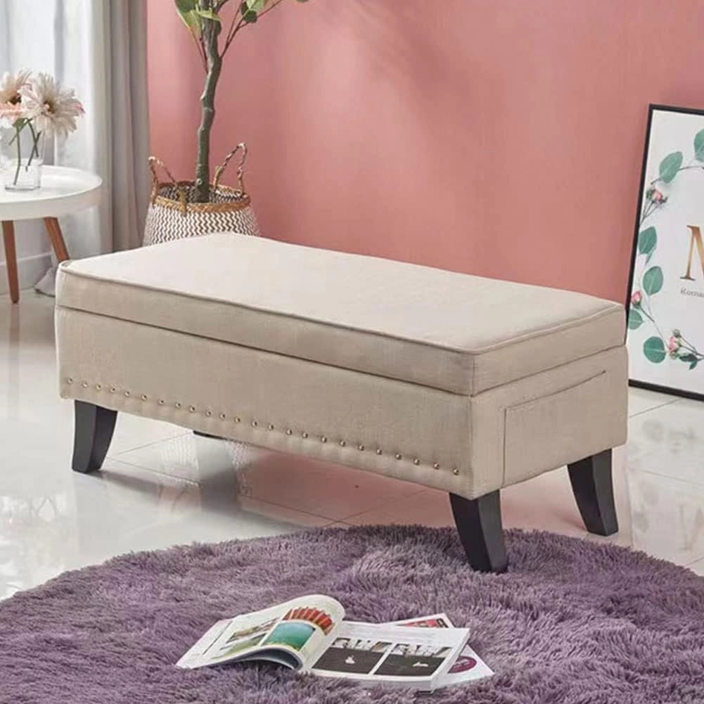 Pouf Cassapanca Panca Contenitore Poggiapiedi Rivestimento Tessuto Morbido Capiente Beige