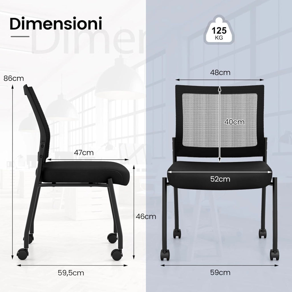 Set di 2 Sedie da Attesa con Ruote,Sedie da Ufficio Impilabili con Schienale in Rete, Sedia da Conferenza senza Braccioli, Sedie per Reception, Portata 125 kg