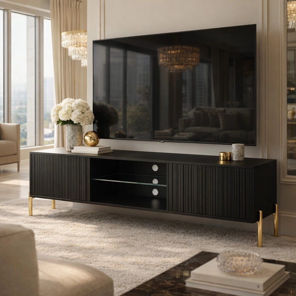 Mobile TV Per Soggiorno Living Con 2 Ante Battenti Vano Centrale A Giorno Ripiano In Vetro Passacavi Posteriori In Melaminico Design Contemporaneo 135 X 31 X 47 Cm Nero