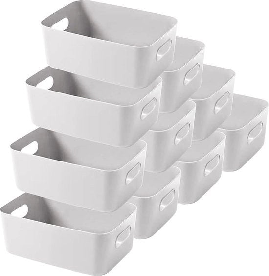 Decine di contenitori di plastica per archiviazione con maniglie, box organizzatrice per la cucina, contenitori di plastica per la stanza da bagno.