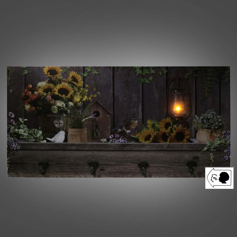 Appendino legno 4 posti con led girasoli cm 60x30x1,8
