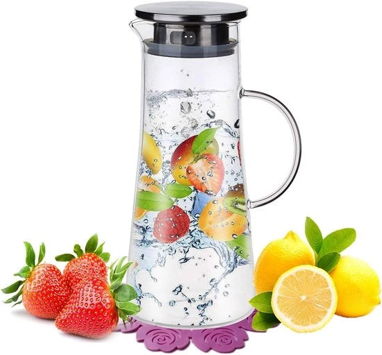 Caraffa da acqua, 1,5 litri, caraffa da acqua in vetro con fiore di foglia coperchio in acciaio inossidabile