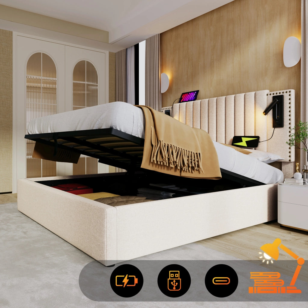 Letto matrimoniale – 140x200 cm – luce USB borchie rete – cotone beige