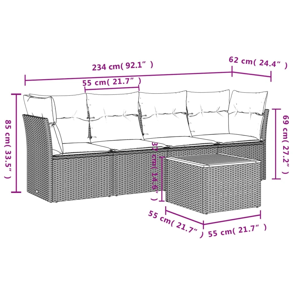 Set Divano da Giardino 5 pz con Cuscini Beige in Polyrattan