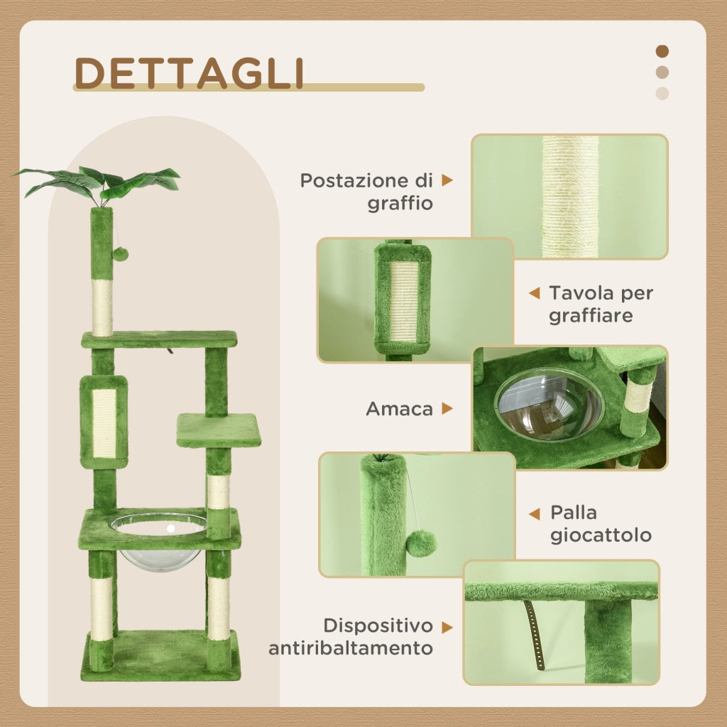 Albero per Gatti Multilivello con Amaca ¨C zephmum ¨C Verde 49x49x142 cm