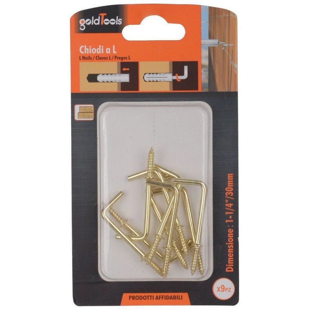 Trade Shop - Set 9 Pezzi Chiodi Gancio A Vite Filettate A Forma Di L 1-1/4" 30mm Dorato 90802 -