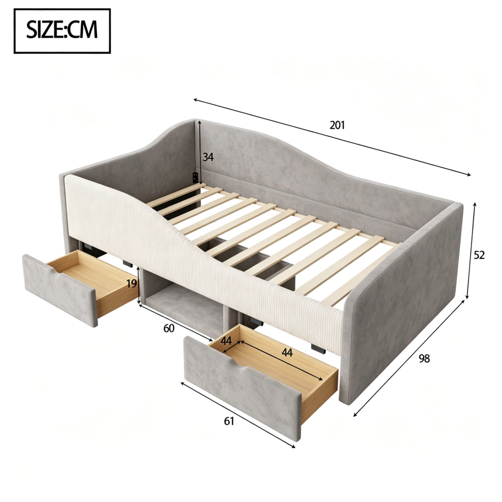 Letto imbottito per bambini grigio 90 x 190 cm con cassetti e sponde