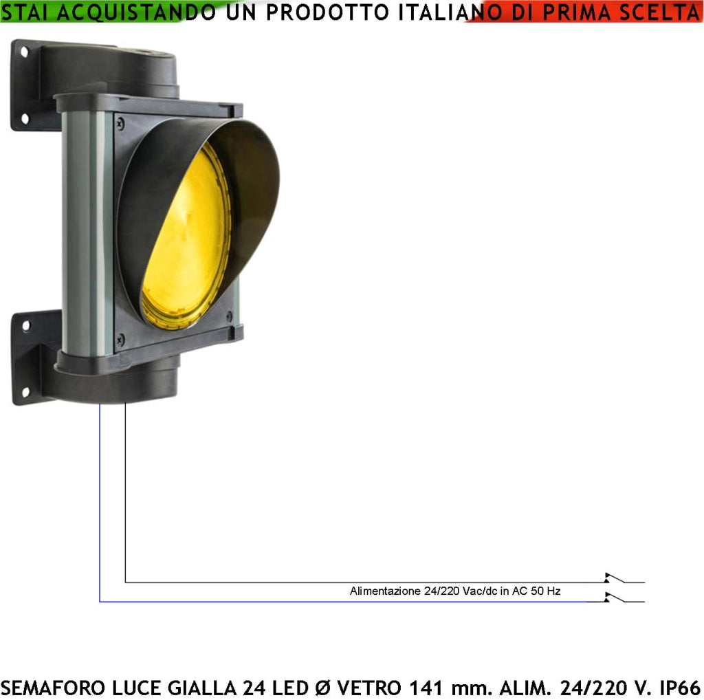 Semaforo Luce Gialla Emessa da 24 Led Gialli 24/220 5 W Omologato Securvai Corpo in Profilato di Alluminio IP66 Diametro luce 141 mm Supporti di Fissaggio Orientabili 360 ° da Parete Segnalazione di Stop o Preavviso